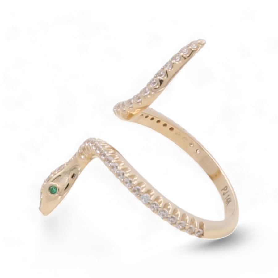 Miral Jewelry's 14K Yellow Gold Women's Snake Ring, adorned with an emerald eye and cubic zirconia accents.