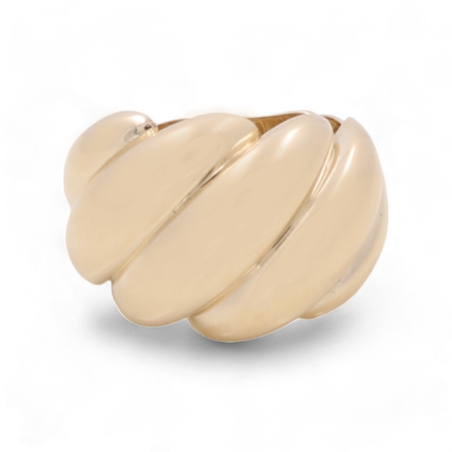 A luxurious 14K Yellow Gold Women's Fashion Ring by Miral Jewelry featuring a dome-shaped braided design with smooth, polished segments and adorned with sparkling cubic zirconias set against a white background.