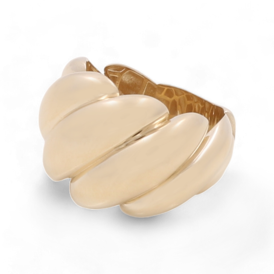 The Miral Jewelry 14K Yellow Gold Women's Fashion Ring, featuring a sculpted, wavy design and adorned with sparkling cubic zirconias, is shown against a plain white background.