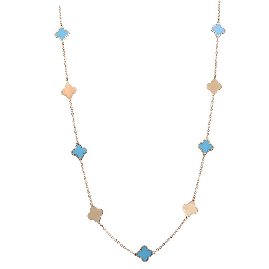 The Miral Jewelry 14K Yellow Gold Fashion Flowers Color Necklace features alternating plain gold and blue flower-shaped pendants, evenly spaced along the chain, making it the perfect piece of elegant jewelry.