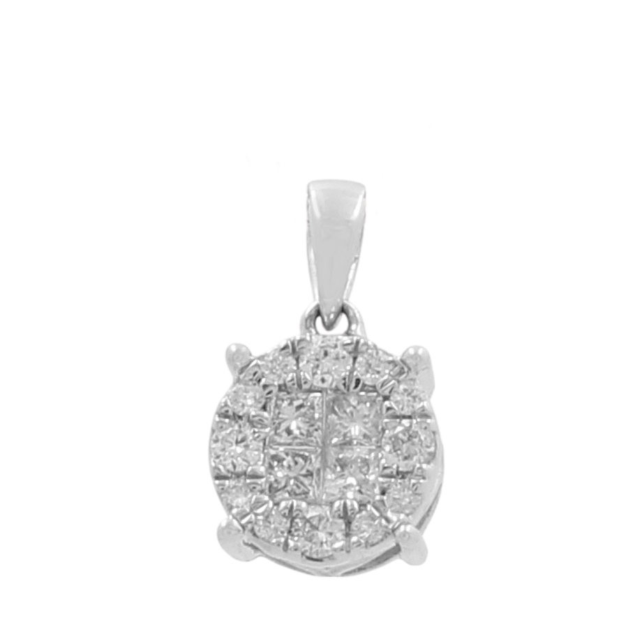 The 14k White Gold Round Diamond Halo Cluster Women's Pendant from Miral Jewelry features a silver bail and several small diamonds arranged in a stunning circular pattern.