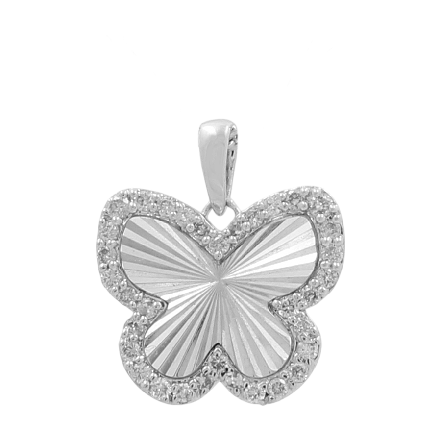 This women's pendant from Miral Jewelry, named the 10k White Gold Diamond Butterfly Women's Pendant, showcases a silver butterfly shape with a central grooved pattern, bordered by small, round, sparkling stones. It features accents of 10k yellow gold to enhance its elegance.