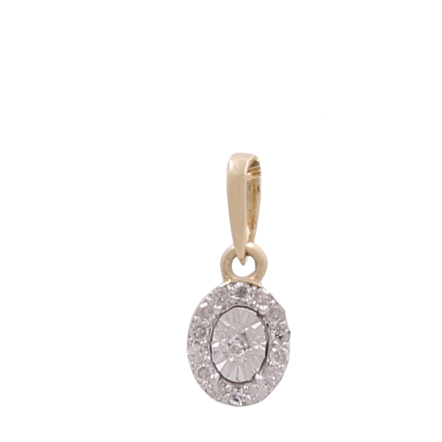 Miral Jewelry's 10K Yellow Gold Oval Diamond Women's Pendant features a stunning central oval diamond, beautifully accented with smaller diamonds in a dazzling halo setting.