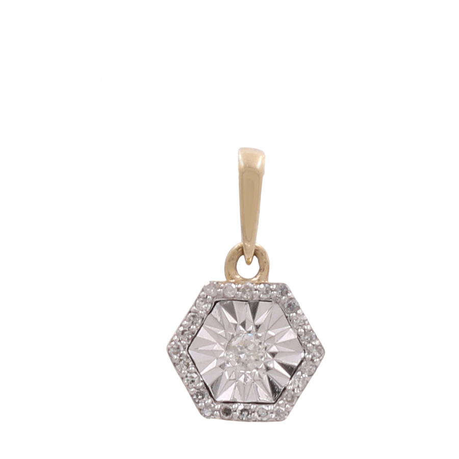 This exquisite piece from Miral Jewelry, the 10K Yellow Gold Rhombus Diamond Women's Pendant, features a rhombus-shaped design adorned with a central round diamond surrounded by smaller diamonds set in white metal, all elegantly attached to a 10K yellow gold bail.