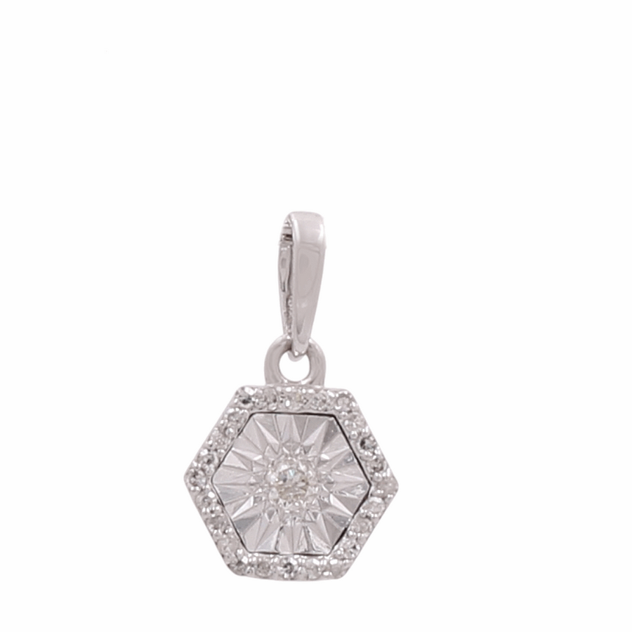 The 10K White Gold Rhombus Diamond Women's Pendant by Miral Jewelry features a stunning hexagonal design with a central crystal surrounded by smaller diamonds, all set in high-quality white gold and attached to a sophisticated bail for a necklace, epitomizing women's luxury jewelry.