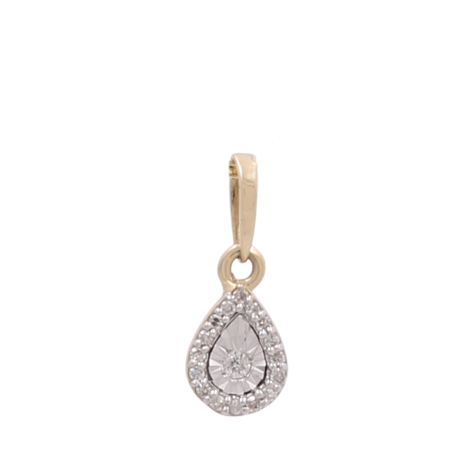 The Miral Jewelry 10K Yellow Gold Diamond Teardrop Women's Pendant is a stunning accessory featuring a central clear gemstone surrounded by smaller diamonds and accented with a 10K yellow gold bail at the top.