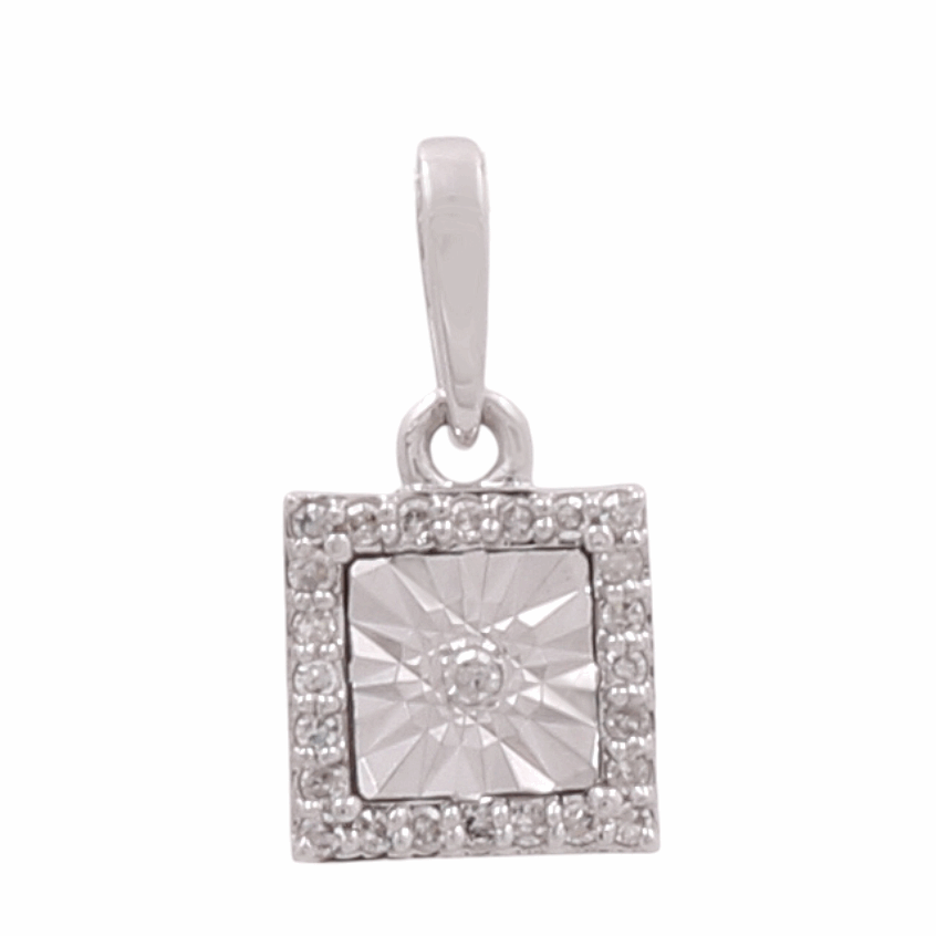 The 10k White Gold Square Diamond Women's Pendant by Miral Jewelry features a geometric central design surrounded by a border of small clear stones and attached to a plain bail.