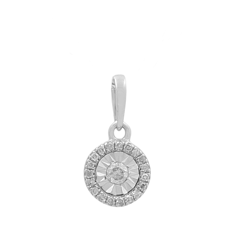 The exquisite 10K White Gold Round Diamond Women's Pendant from Miral Jewelry showcases a stunning round design. It features a central gemstone beautifully encircled by smaller gemstones in a circular arrangement. This elegant piece of women's jewelry pairs perfectly with our 10K yellow gold and round diamond pendants for a sophisticated, layered look.