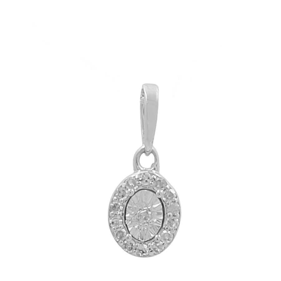 A women's pendant from Miral Jewelry, named the 10K White Gold Oval Diamond Women's Pendant, showcases a silver oval design accented by a central diamond surrounded by smaller diamonds and is attached to a small loop bail for easy threading onto a chain.