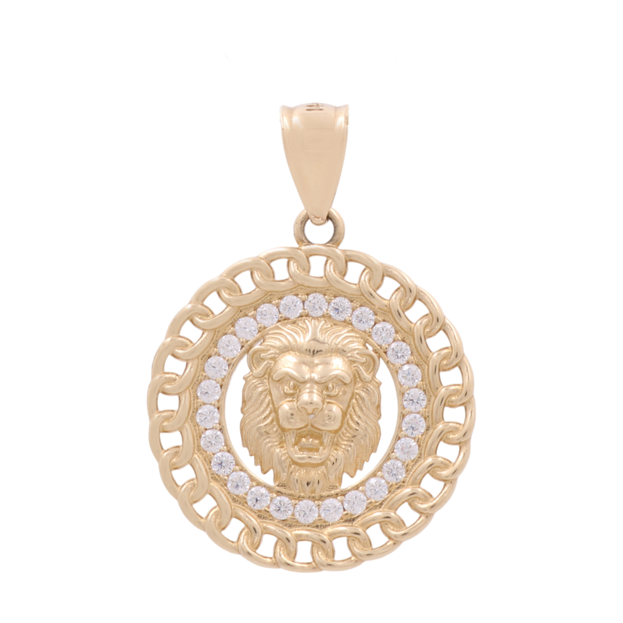 This stunning 14K Yellow Gold Round Lion Women's Pendant with Cz by Miral Jewelry showcases a majestic lion's head at the center, encircled by a chain-link design and a dazzling ring of zirconias.