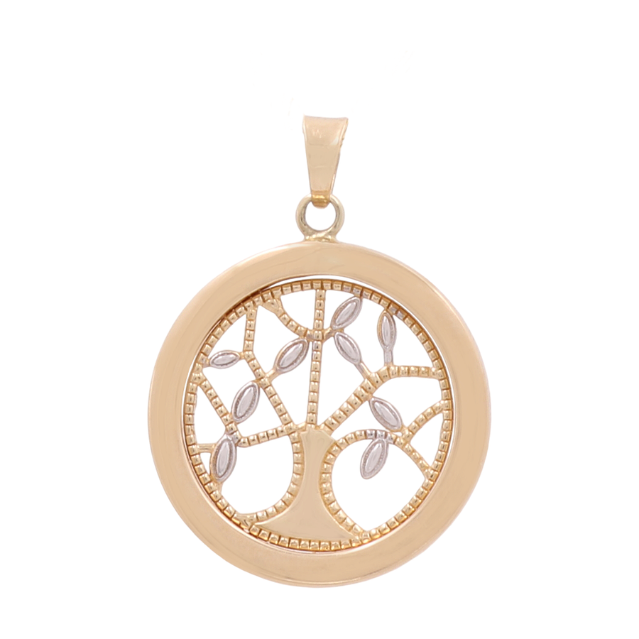 A beautiful 14K yellow and white gold Tree of Life Circle Women's Pendant by Miral Jewelry, showcasing an intricate tree design within a circular frame adorned with delicate leaves.