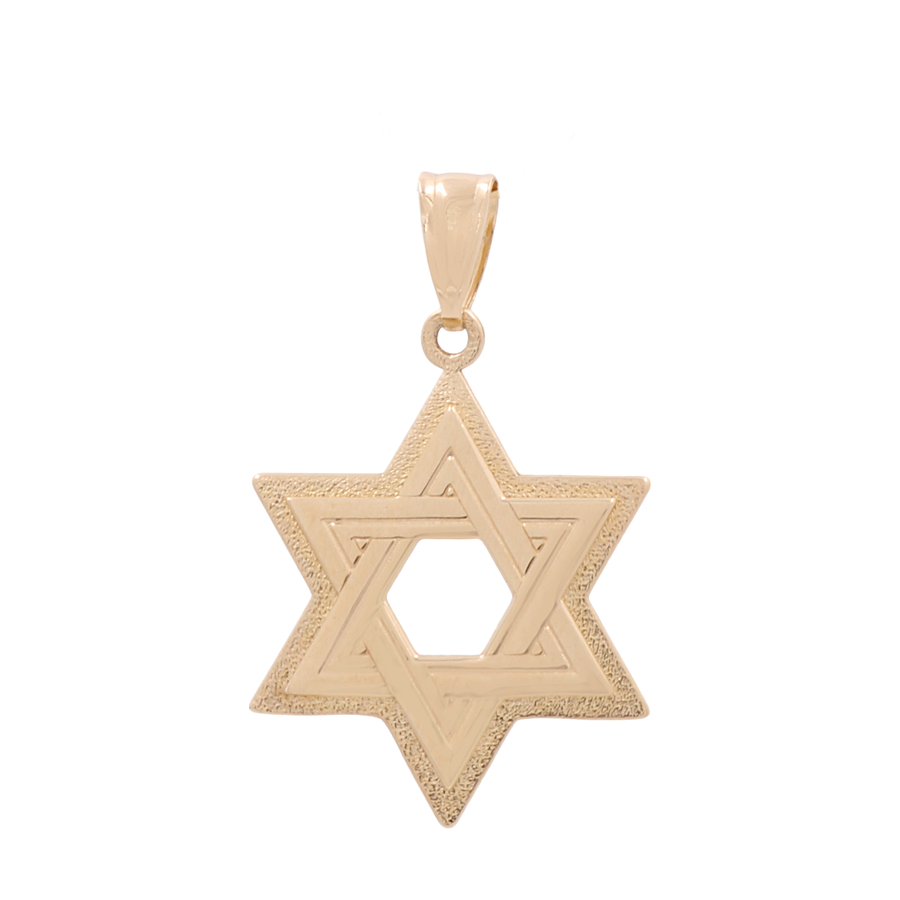 The 14K Yellow Gold Star of David Women's Pendant by Miral Jewelry features a textured finish and hangs from a small loop at the top, embodying faith and tradition.