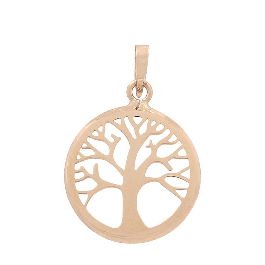 The Miral Jewelry 14K Yellow Gold Tree of Life Circle Women's Pendant features intricately branching limbs encased within a circular frame, making it a perfect accessory for women.