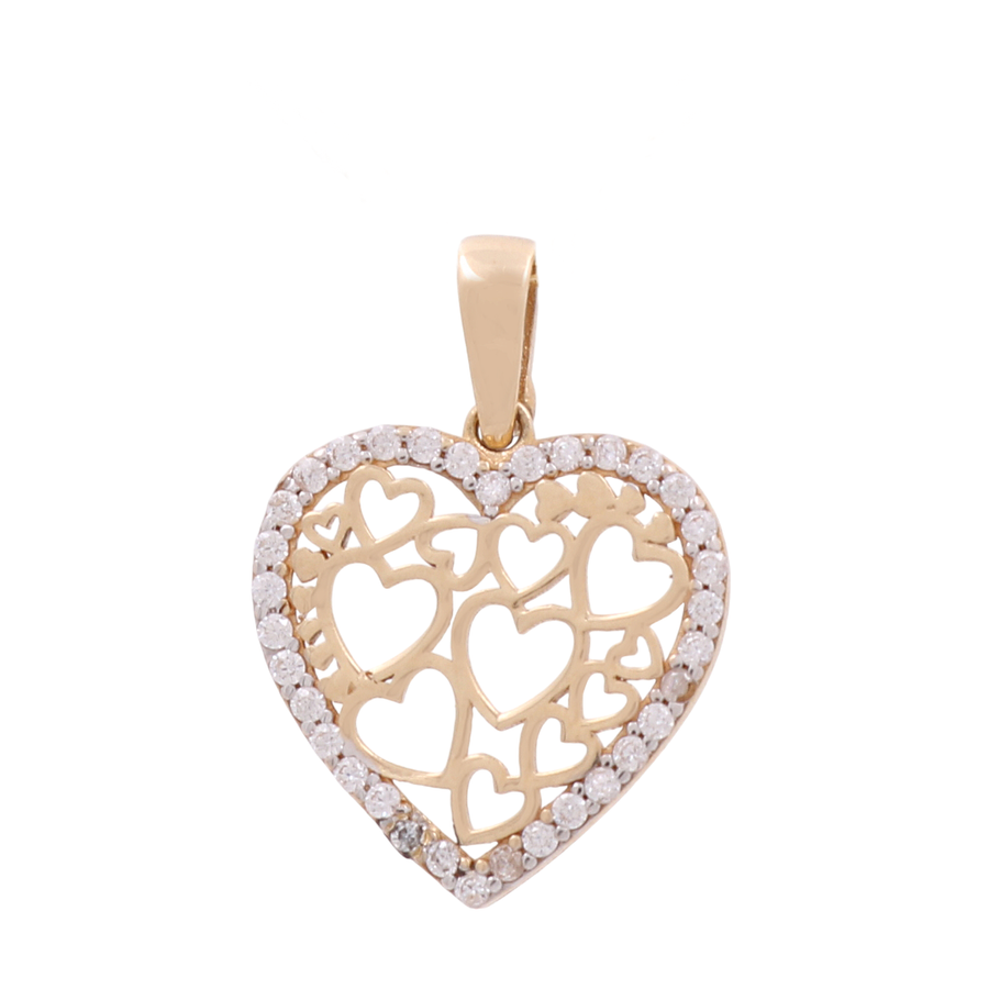 The 14K Yellow Gold Heart Women's Pendant with Cz by Miral Jewelry features a heart-shaped design adorned with multiple smaller cut-out hearts, and is glamorously bordered with small white cubic zirconias.