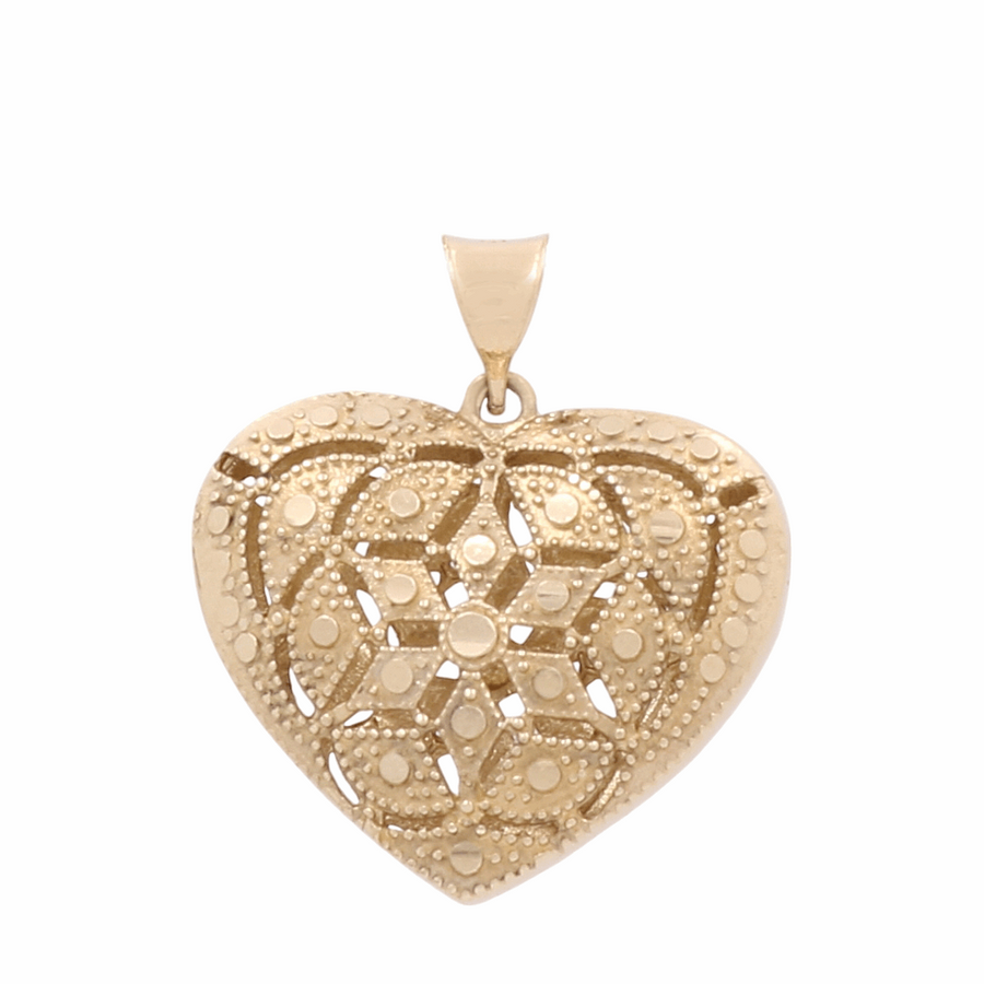 The 14K Yellow Gold Fashion Heart Women's Pendant by Miral Jewelry is an exquisite piece featuring intricate filigree detailing and a symmetrical floral pattern at its center, making it a timeless fashion accessory.