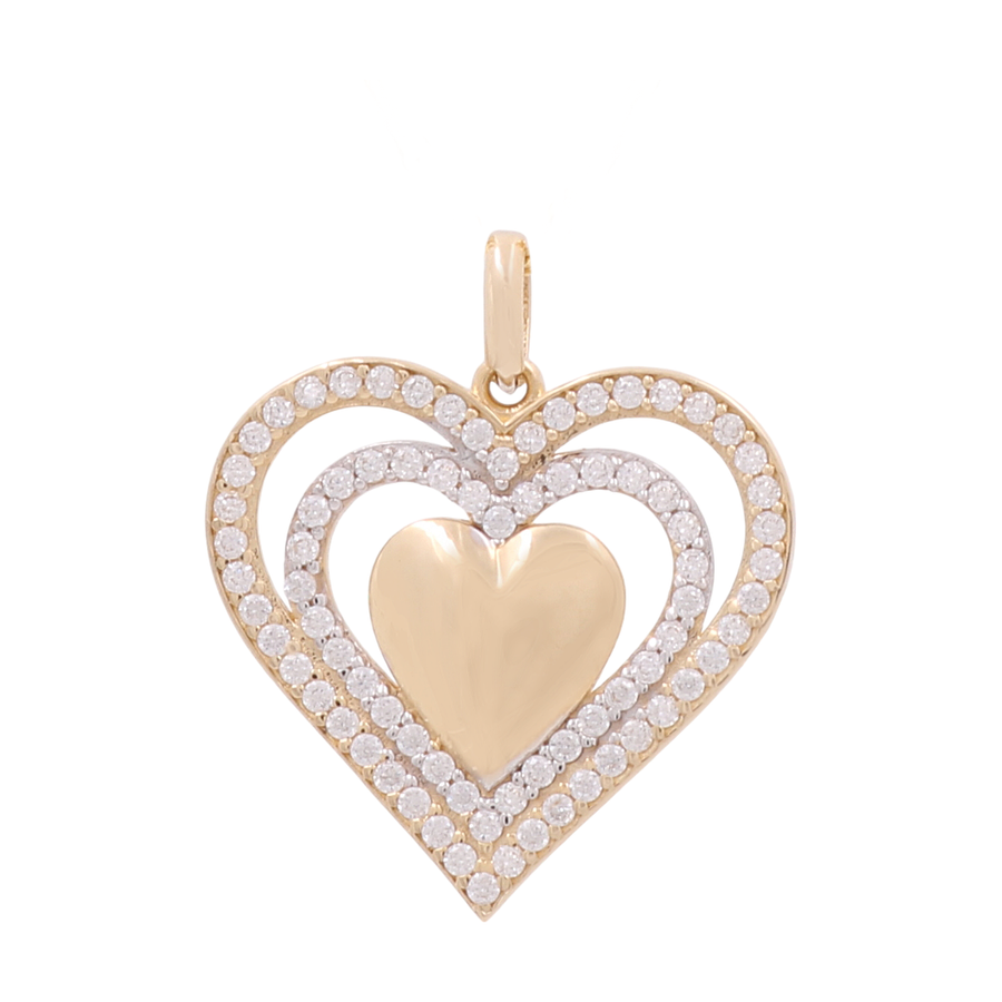 The 14K Yellow Gold Heart Women's Pendant with Cz by Miral Jewelry showcases a central solid heart framed by two outer heart outlines, adorned with sparkling cubic zirconias.