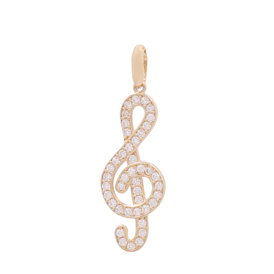 A stunning women's pendant, the 14K Yellow Gold Musical Lyric Women's Pendant with Cz by Miral Jewelry is encrusted with small diamonds.