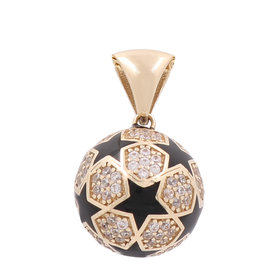 A striking statement piece, the 14K Yellow Gold Black Star Soccer Ball Women's Pendant with Cz by Miral Jewelry features alternating black enamel and diamond-encrusted patches.