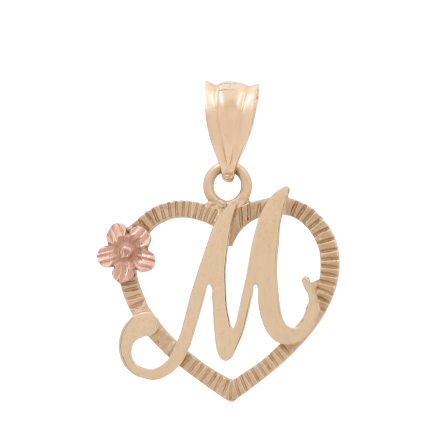 The 14K Yellow and Rose Gold Heart with Initial Women's Pendant by Miral Jewelry features a heart-shaped design showcasing a cursive 'M' and a delicate pink flower detail on the left side. This elegant piece is perfect for women's jewelry collections.