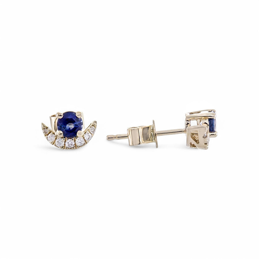 14K  Yellow Gold Stud Earrings with 0.45Tw Round Sapphires and 0.08 Tw Round Diamonds