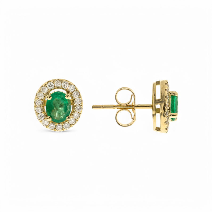 14K  Yellow Gold  Stud Diamond Earrings with 0.67Tw Oval Emeralds 0.18 Tw Round Diamonds