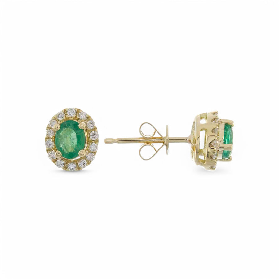 14K  Yellow Gold Stud Earrings with 0.61Tw Oval Emeralds and 0.19Tw Cubic Zirconiums