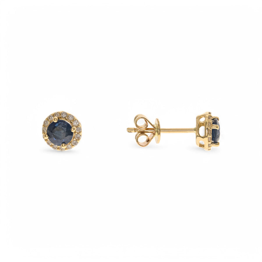 14K  Yellow Gold Stud Earrings with 0.63Tw Round Sapphires and 0.11 Tw Round Diamonds