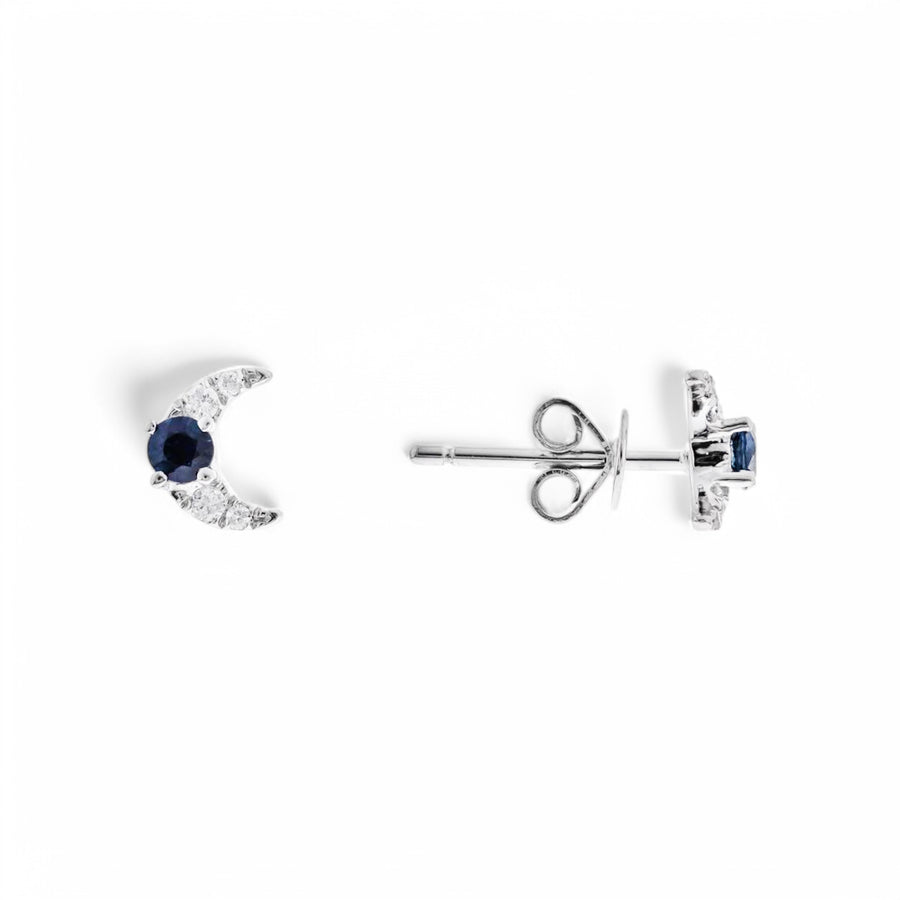 14K  White Gold Moon Stud Earrings with 0.18Tw Round Sapphires and 0.06Tw Round Diamonds