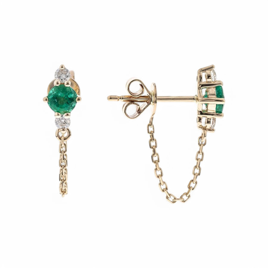 14K  Yellow Gold  Drop Diamond Earrings with 0.35Tw  Round Emeralds and 0.11Tw Round Diamonds