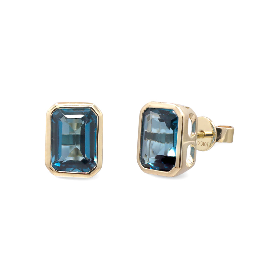 14K  Yellow Gold Stud Earrings with 2.58Ct Emerald Cut Londo Blue Topaz