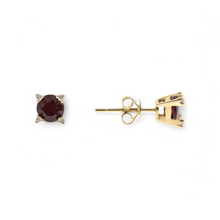 14K  Yellow Gold Stud Earrings with 1.12Tw Round Rubys and 0.04Tw Round Diamonds