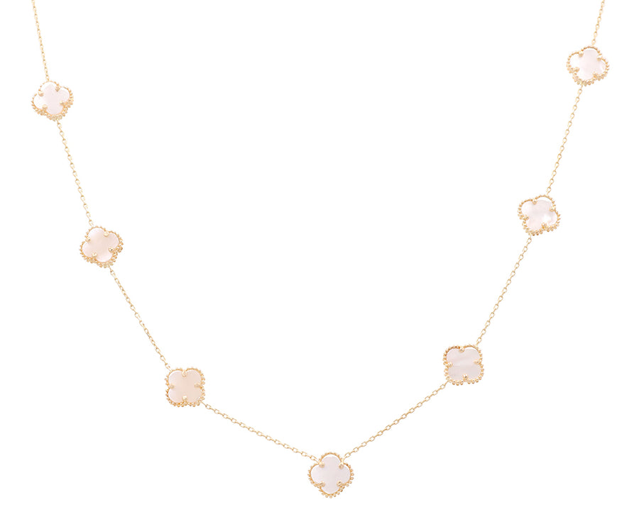 14K Yellow Gold Fashion Mother of Pearl Flower Women's Necklace by Miral Jewelry, with alternating small and large mother-of-pearl clover-shaped pendants, set in 14K yellow gold.