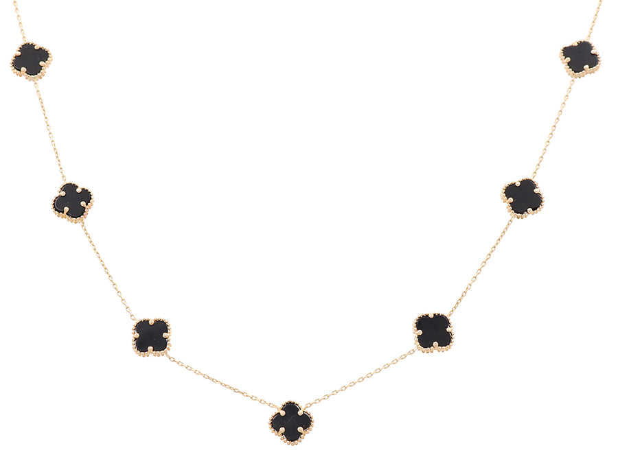 A 14K Yellow Gold Fashion Black Onyx Flower Women's Necklace by Miral Jewelry, featuring evenly spaced black onyx flower pendants, making it a stunning piece of women's jewelry.