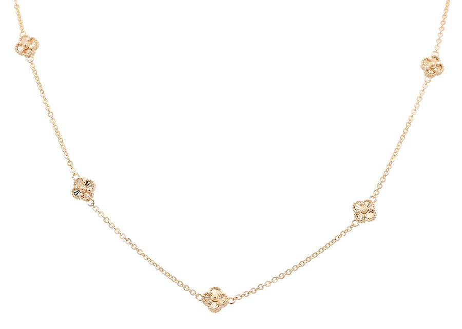 A delicate 14K Yellow Gold Fashion Flowers Necklace by Miral Jewelry featuring seven evenly spaced floral-shaped pendants along a thin chain.