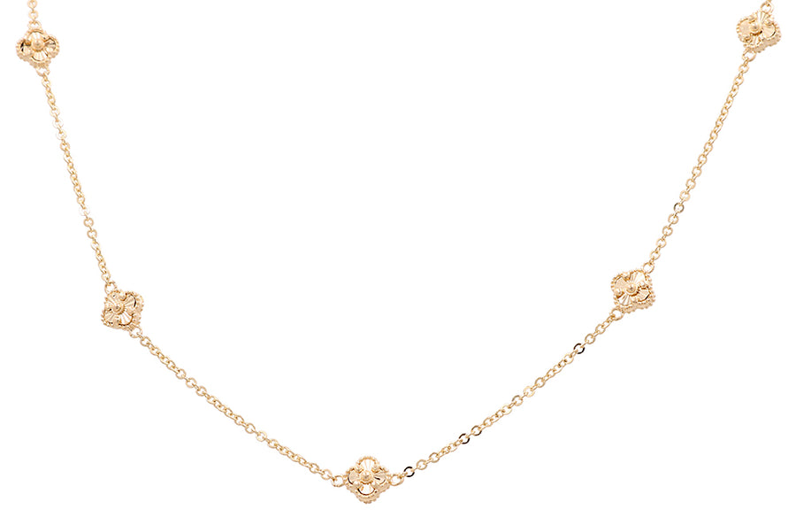 A delicate women's necklace crafted from 14K yellow gold, featuring five small, intricately designed floral ornaments evenly spaced along its length. This is the 14K Yellow Gold Fashion Flower Women's Necklace by Miral Jewelry.