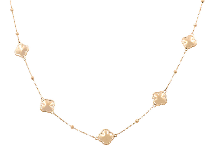 A Miral Jewelry 14K Yellow Gold Fashion Flower Women's Necklace featuring a delicate chain with five clover-shaped pendants evenly spaced along its length, creating a charming flower necklace perfect for any occasion.