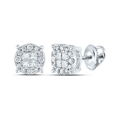 14K  White Gold Cluster Soleil Stud Earrings with 0.50Tw Varius Shapes Diamonds