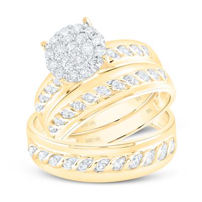 10k Yellow Gold  Contemporary Diamond Bridal 3 Pieces Set Ring  0.75tw Round Diamonds