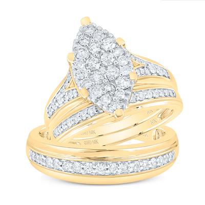 10k Yellow Gold  Marquise 3 Pieces Set Ring 1.00 tw Round Diamonds