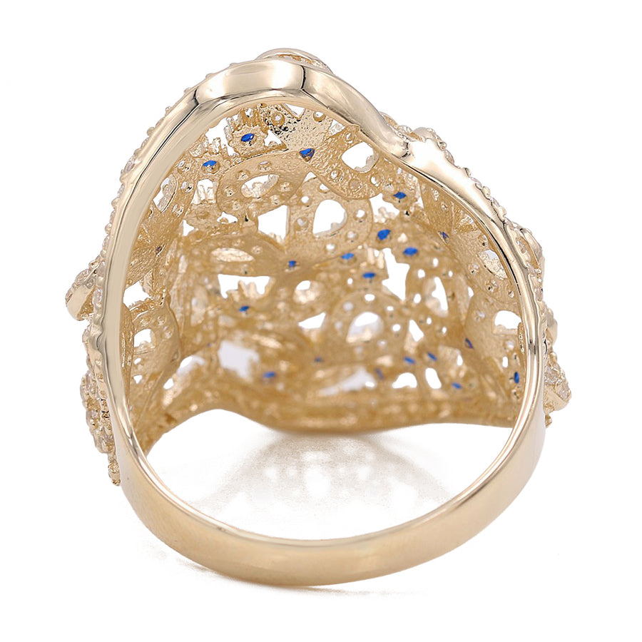 **Miral Jewelry's Yellow Gold 14k Fashion Ring With Blue and White Cz** with an intricate lace-like design and small embedded cubic zirconia stones, viewed from beneath.